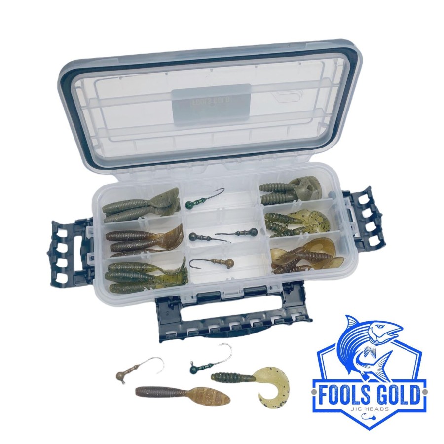 Lures Multi-Brand Combo | Fools Gold Jigs & Softbait Combo Kit (6 Jigs, 24 Softbaits & Waterproof Tackle Tray)