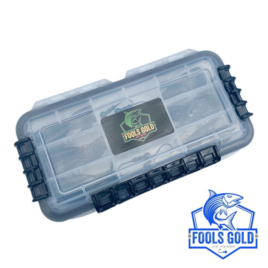 Lures Multi-Brand Combo | Fools Gold Jigs & Softbait Combo Kit (6 Jigs, 24 Softbaits & Waterproof Tackle Tray)